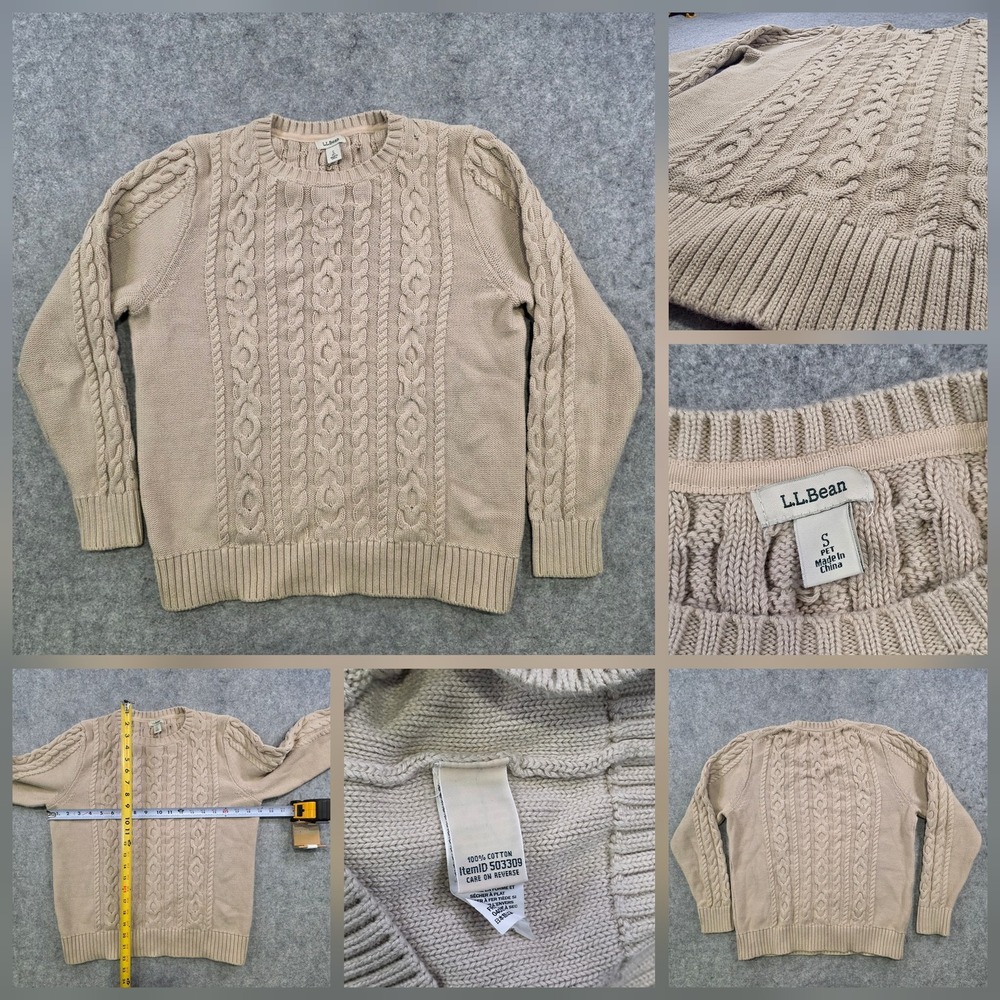 LL Bean Sweater Womens Small Petite Beige Cable Knit Cotton Crewneck Pullover